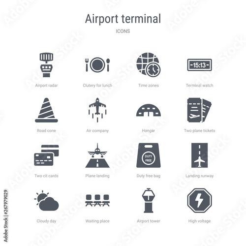set of 16 vector icons such as high voltage, airport tower, waiting place, cloudy day, landing runway, duty free bag, plane landing, two cit cards from airport terminal concept. can be used for web,