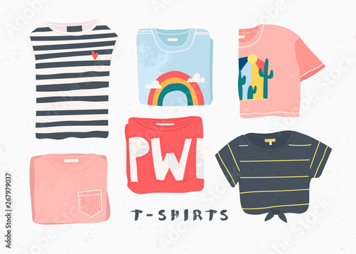 Various summer top clothes. Different t-shirts with cool prints. Hand drawn vector set. Colored trendy fashion illustration. Stamp texture. All elements are isolated