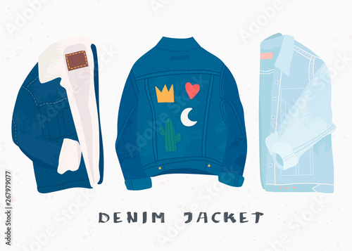 Various denim jean jackets. Hand drawn vector set. Colored trendy fashion illustration. Stamp texture. All elements are isolated