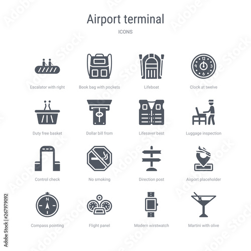 set of 16 vector icons such as martini with olive, modern wirstwatch, flight panel, compass pointing north east, airport placeholder, direction post, no smoking, control check from airport terminal