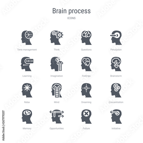set of 16 vector icons such as initiative, failure, opportunities, memory, concentration, dreaming, mind, relax from brain process concept. can be used for web, logo, ui\u002fux