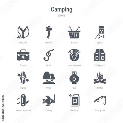 set of 16 vector icons such as fishing rod, gasoline, fishing, swiss army knife, bonfire, gas, pines, canoe from camping concept. can be used for web, logo, ui\u002fux