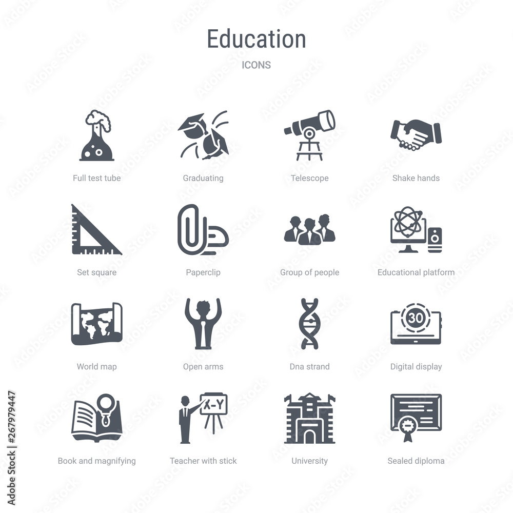 set of 16 vector icons such as sealed diploma, university, teacher with stick, book and magnifying, digital display 30, dna strand, open arms, world map from education concept. can be used for web, set of 16 vector icons such as sealed diploma, university, teacher with stick, book and magnifying, digital display 30, dna strand, open arms, world map from education concept. can be used for web,
