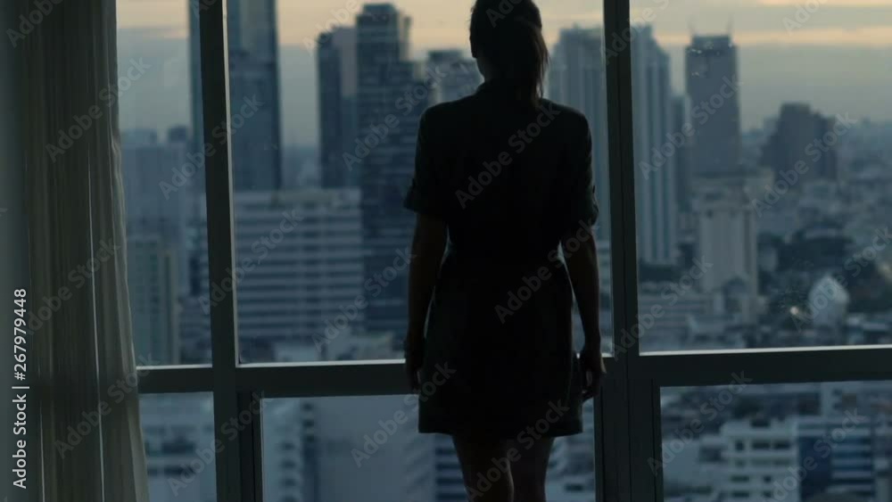 Silhouette of woman admire view from window at home, super slow motion Silhouette of woman admire view from window at home, super slow motion
