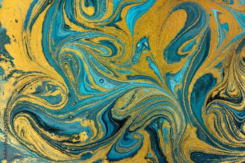 Blue marbling pattern. Golden marble liquid texture.