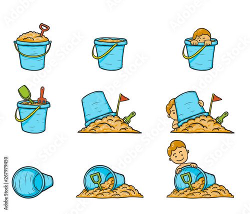 Children with sand bucket on white background.Set of sand bucket vector by hand drawing.