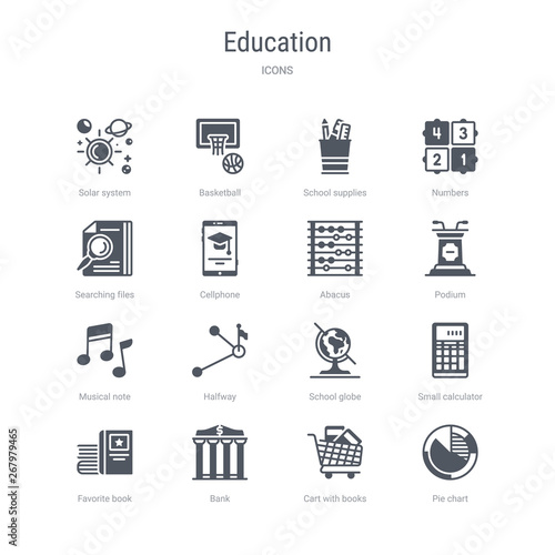 set of 16 vector icons such as pie chart, cart with books, bank, favorite book, small calculator, school globe, halfway, musical note from education concept. can be used for web, logo, ui\u002fux