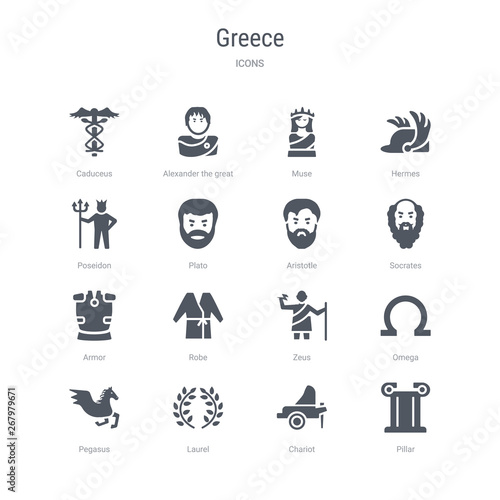 set of 16 vector icons such as pillar, chariot, laurel, pegasus, omega, zeus, robe, armor from greece concept. can be used for web, logo, ui\u002fux