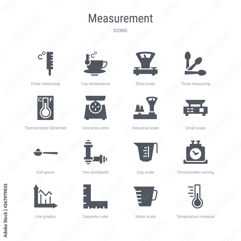 set of 16 vector icons such as temperature measure, water scale, carpenter ruler, line graphic, chronometer running, cup scale, two dumbbells, full spoon from measurement concept. can be used for set of 16 vector icons such as temperature measure, water scale, carpenter ruler, line graphic, chronometer running, cup scale, two dumbbells, full spoon from measurement concept. can be used for