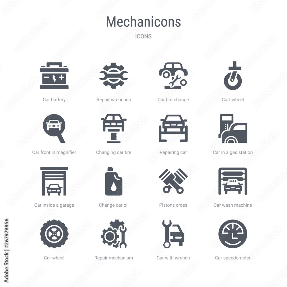 set of 16 vector icons such as car speedometer, car with wrench, repair mechanism, car wheel, wash machine, pistons cross, change oil, inside a garage from mechanicons concept. can be used for web, set of 16 vector icons such as car speedometer, car with wrench, repair mechanism, car wheel, wash machine, pistons cross, change oil, inside a garage from mechanicons concept. can be used for web,