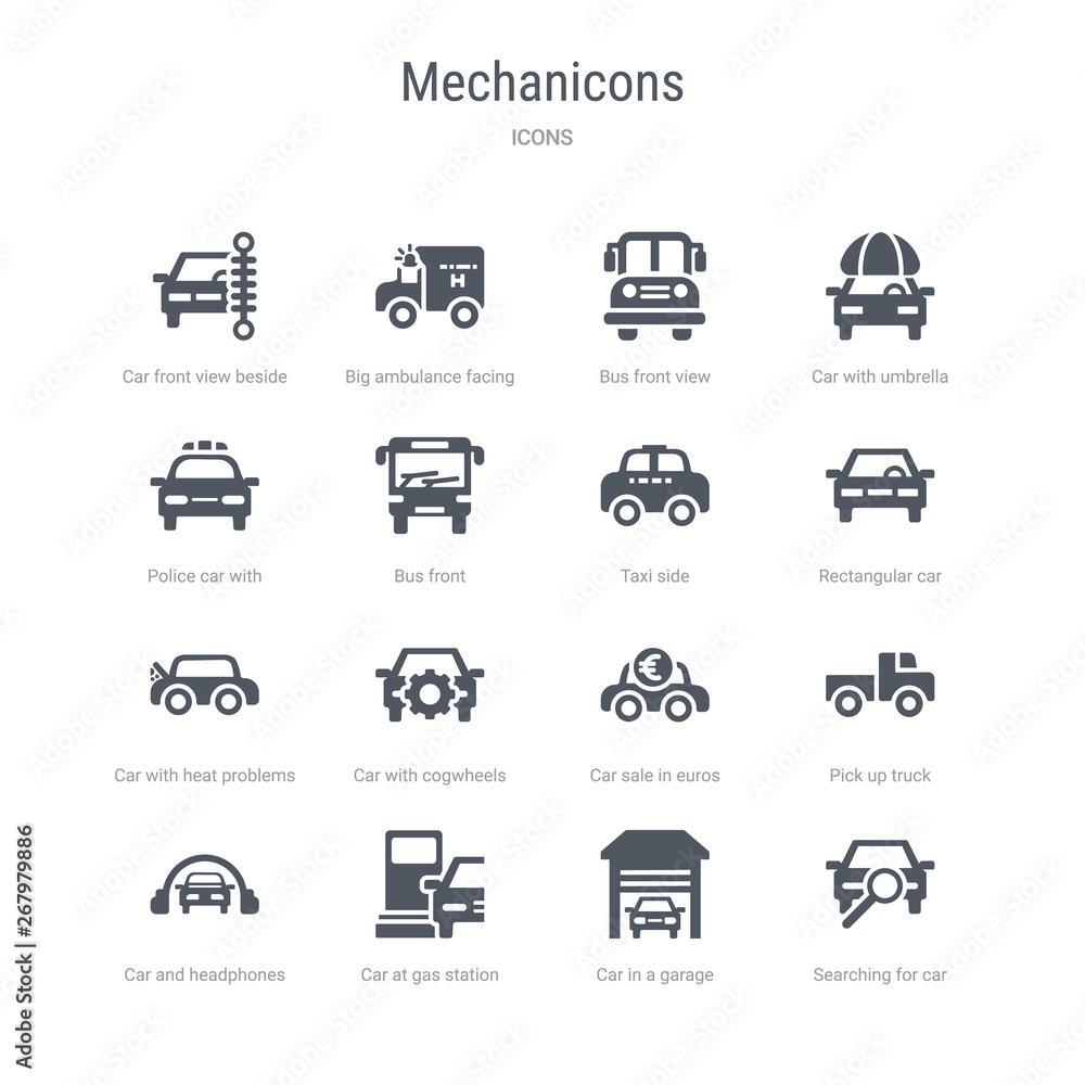 set of 16 vector icons such as searching for car, car in a garage, car at gas station, and headphones, pick up truck, sale in euros, with cogwheels, with heat problems from mechanicons concept. can set of 16 vector icons such as searching for car, car in a garage, car at gas station, and headphones, pick up truck, sale in euros, with cogwheels, with heat problems from mechanicons concept. can