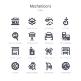 set of 16 vector icons such as car speedometer, car with wrench, repair mechanism, car wheel, wash machine, pistons cross, change oil, inside a garage from mechanicons concept. can be used for web,