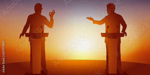 Concept du débat politique, avec deux candidats derrière leurs pupitres, qui se battent pour obtenir le leadership et conquérir le pouvoir, en appelant les électeurs a voter pour eux.