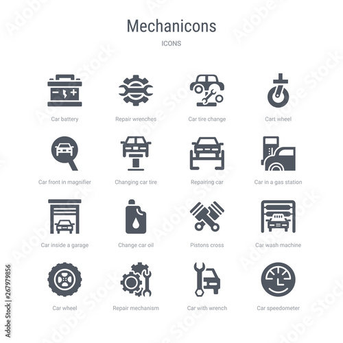 set of 16 vector icons such as car speedometer, car with wrench, repair mechanism, car wheel, wash machine, pistons cross, change oil, inside a garage from mechanicons concept. can be used for web,
