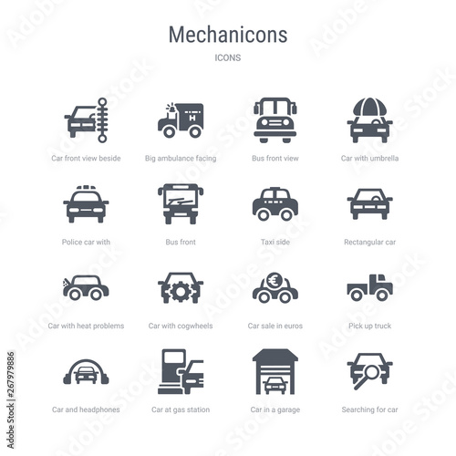 set of 16 vector icons such as searching for car, car in a garage, car at gas station, and headphones, pick up truck, sale in euros, with cogwheels, with heat problems from mechanicons concept. can