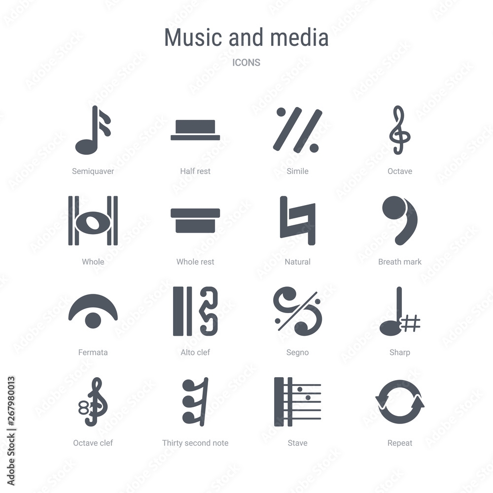 set of 16 vector icons such as repeat, stave, thirty second note rest,  octave clef, sharp