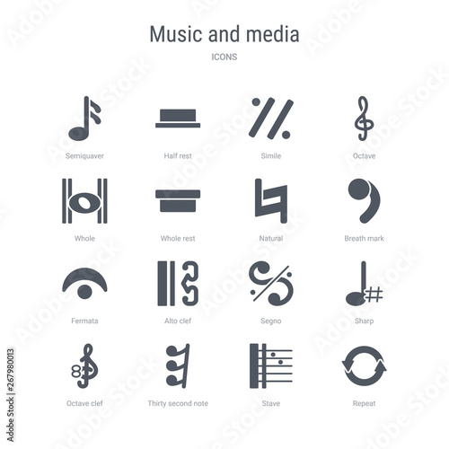 set of 16 vector icons such as repeat, stave, thirty second note rest, octave clef, sharp, segno, alto clef, fermata from music and media concept. can be used for web, logo, ui\u002fux photo