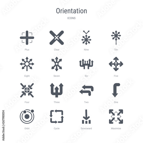 set of 16 vector icons such as maximize, downward, cycle, orbit, one, two, three, four from orientation concept. can be used for web, logo, ui\u002fux