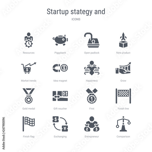 set of 16 vector icons such as comparison, entrepreneur, exchanging, finish flag, finish line, first, gift voucher, gold medal from startup stategy and concept. can be used for web, logo, ui\u002fux