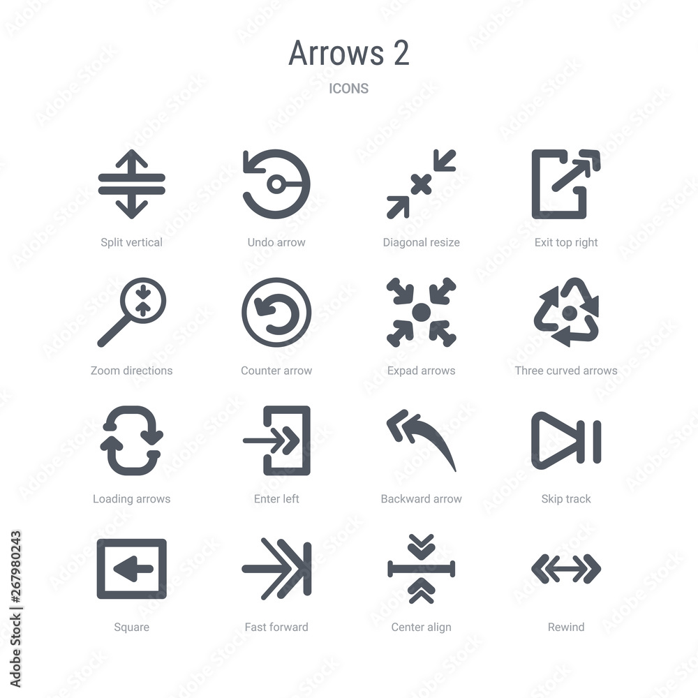 set of 16 vector icons such as rewind, center align, fast forward, square, skip track, backward arrow, enter left, loading arrows from arrows 2 concept. can be used for web, logo, ui\u002fux