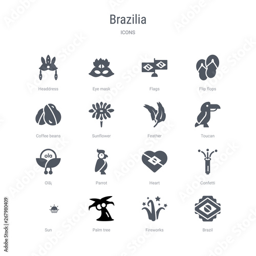 set of 16 vector icons such as brazil  fireworks  palm tree  sun  confetti  heart  parrot  ol     from brazilia concept. can be used for web  logo  ui u002fux
