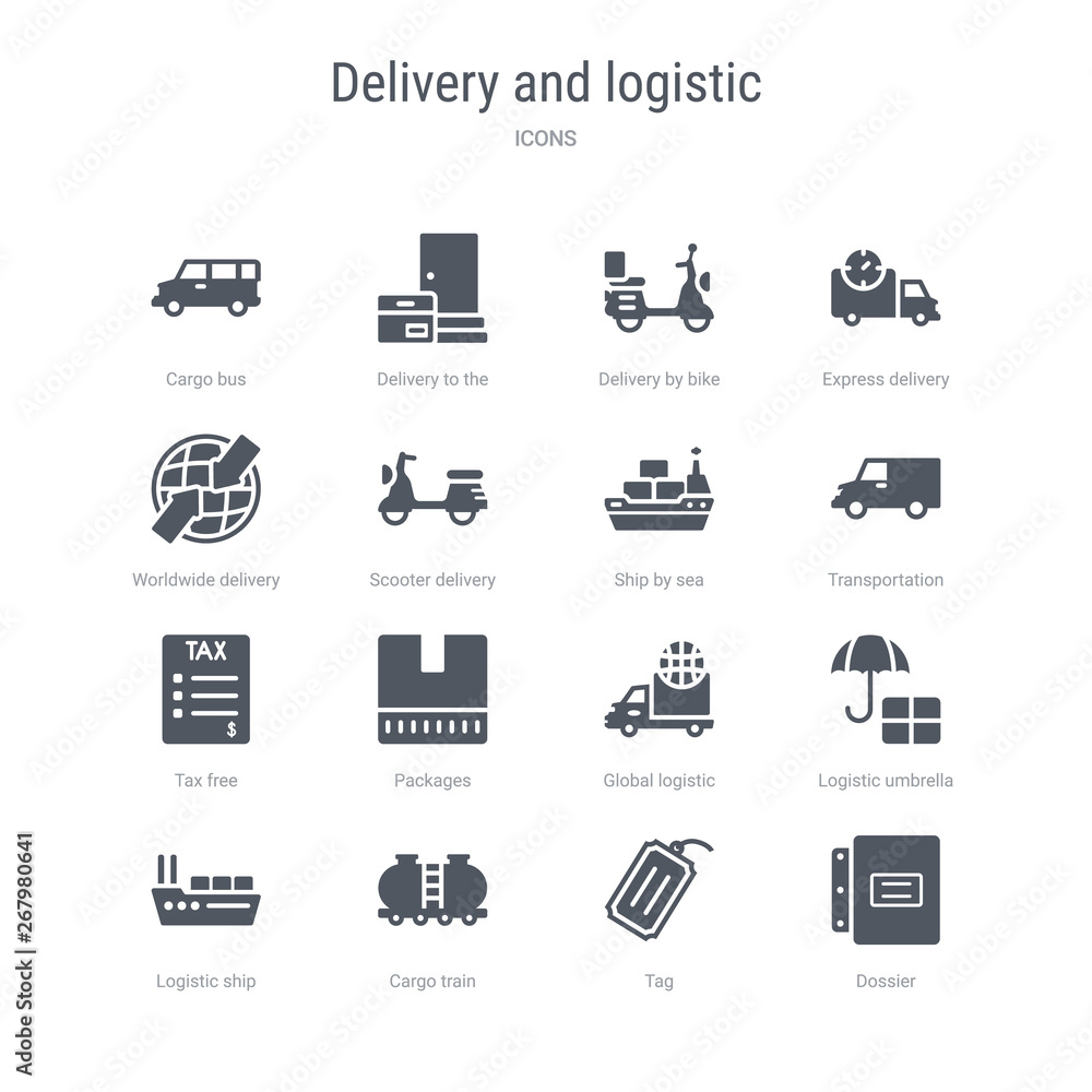 set of 16 vector icons such as dossier, tag, cargo train, logistic ship, logistic umbrella, global logistic, packages, tax free from delivery and concept. can be used for web, logo, ui\u002fux set of 16 vector icons such as dossier, tag, cargo train, logistic ship, logistic umbrella, global logistic, packages, tax free from delivery and concept. can be used for web, logo, ui\u002fux
