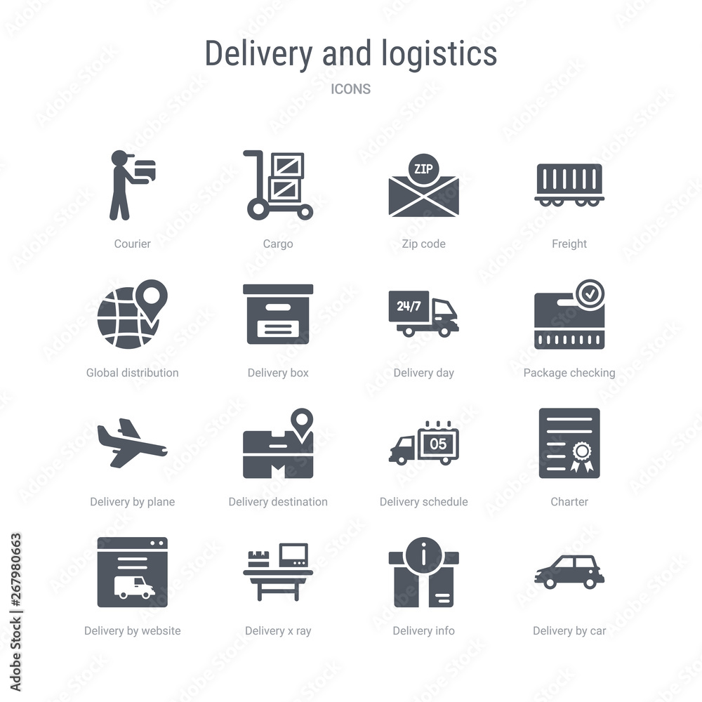 set of 16 vector icons such as delivery by car, delivery info, delivery x ray, by website, charter, schedule, destination, by plane from and logistics concept. can be used for web, logo, ui\u002fux set of 16 vector icons such as delivery by car, delivery info, delivery x ray, by website, charter, schedule, destination, by plane from and logistics concept. can be used for web, logo, ui\u002fux
