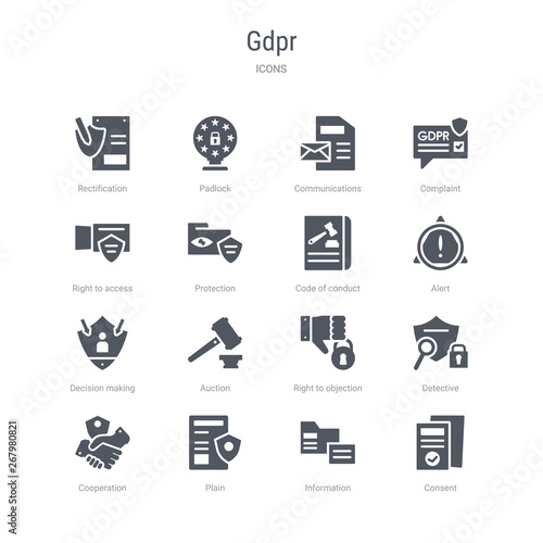 set of 16 vector icons such as consent, information, plain, cooperation, detective, right to objection, auction, decision making from gdpr concept. can be used for web, logo, ui\u002fux