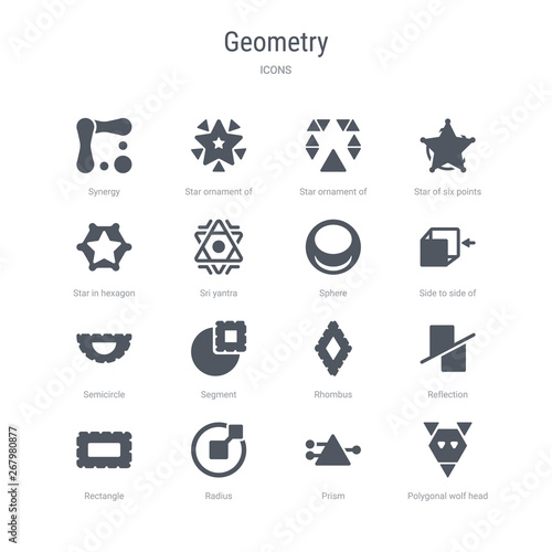 set of 16 vector icons such as polygonal wolf head, prism, radius, rectangle, reflection, rhombus, segment, semicircle from geometry concept. can be used for web, logo, ui\u002fux