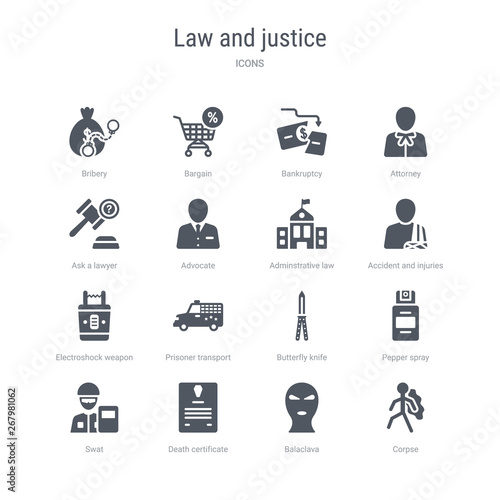 set of 16 vector icons such as corpse, balaclava, death certificate, swat, pepper spray, butterfly knife, prisoner transport vehicle, electroshock weapon from law and justice concept. can be used