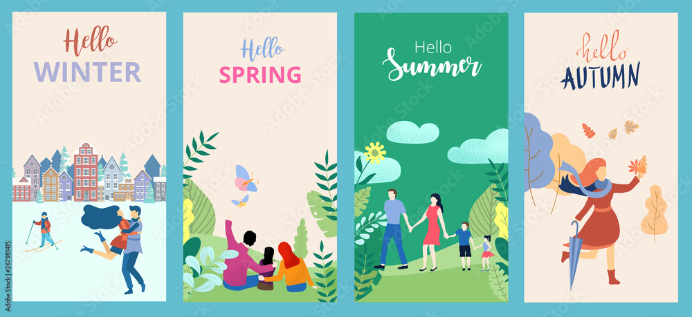Hello summer, spring, autumn, winter. Set of posters or cards with people and outdoor seasonal entertainment. Hello summer, spring, autumn, winter. Set of posters or cards with people and outdoor seasonal entertainment.
