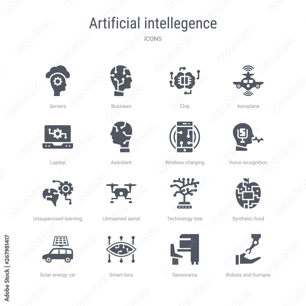 set of 16 vector icons such as robots and humans, sensorama, smart lens, solar energy car, synthetic food, technology tree, unmanned aerial vehicle, unsupervised learning from artificial set of 16 vector icons such as robots and humans, sensorama, smart lens, solar energy car, synthetic food, technology tree, unmanned aerial vehicle, unsupervised learning from artificial