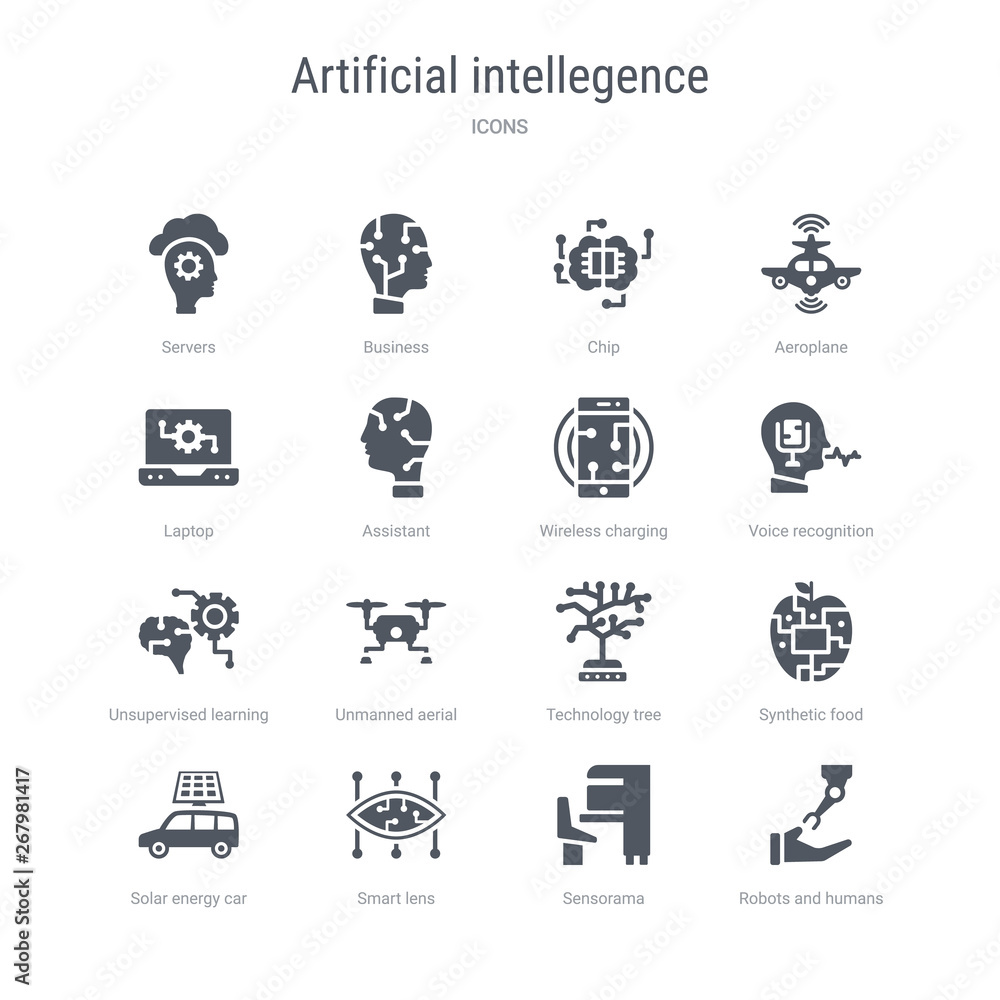 set of 16 vector icons such as robots and humans, sensorama, smart lens, solar energy car, synthetic food, technology tree, unmanned aerial vehicle, unsupervised learning from artificial