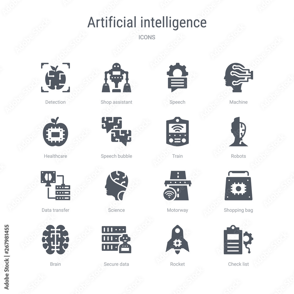 set of 16 vector icons such as check list, rocket, secure data, brain, shopping bag, motorway, science, data transfer from artificial intelligence concept. can be used for web, logo, ui\u002fux set of 16 vector icons such as check list, rocket, secure data, brain, shopping bag, motorway, science, data transfer from artificial intelligence concept. can be used for web, logo, ui\u002fux