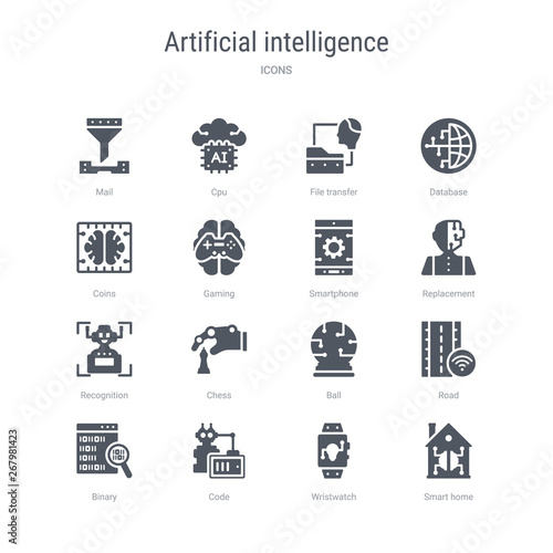 set of 16 vector icons such as smart home, wristwatch, code, binary, road, ball, chess, recognition from artificial intelligence concept. can be used for web, logo, ui\u002fux