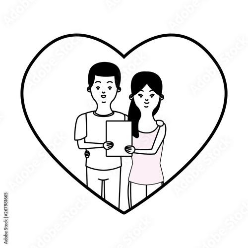 Millennial couple in heart frame cartoon in black and white