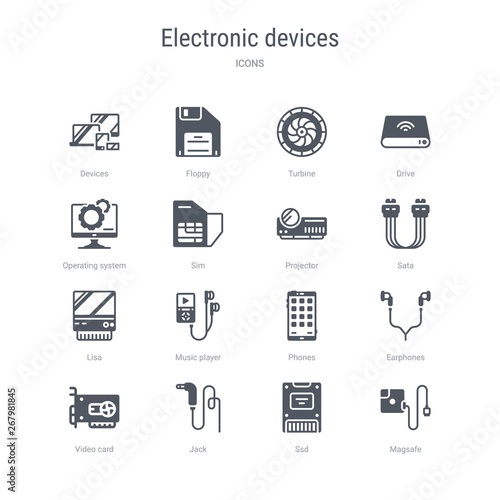 set of 16 vector icons such as magsafe, ssd, jack, video card, earphones, phones, music player, lisa from electronic devices concept. can be used for web, logo, ui\u002fux