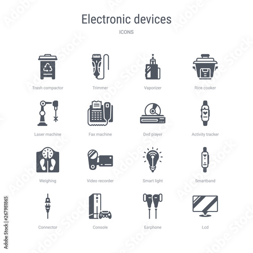 set of 16 vector icons such as lcd, earphone, console, connector, smartband, smart light, video recorder, weighing from electronic devices concept. can be used for web, logo, ui\u002fux