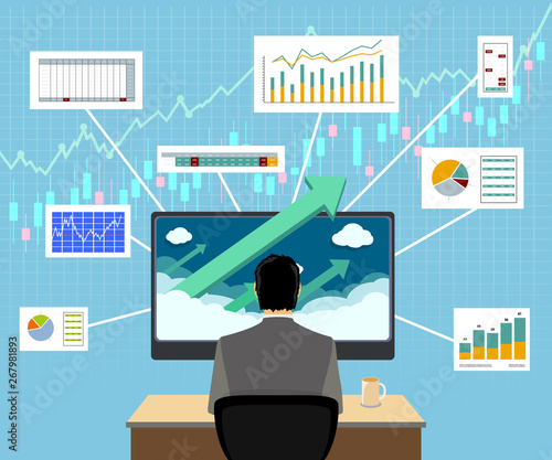 Financial trader on workplace. Graphs and charts on computer screen