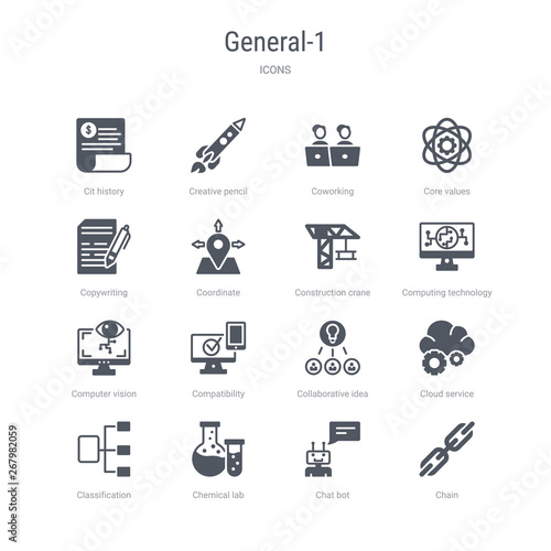 set of 16 vector icons such as chain, chat bot, chemical lab, classification, cloud service, collaborative idea, compatibility, computer vision from general-1 concept. can be used for web, logo,