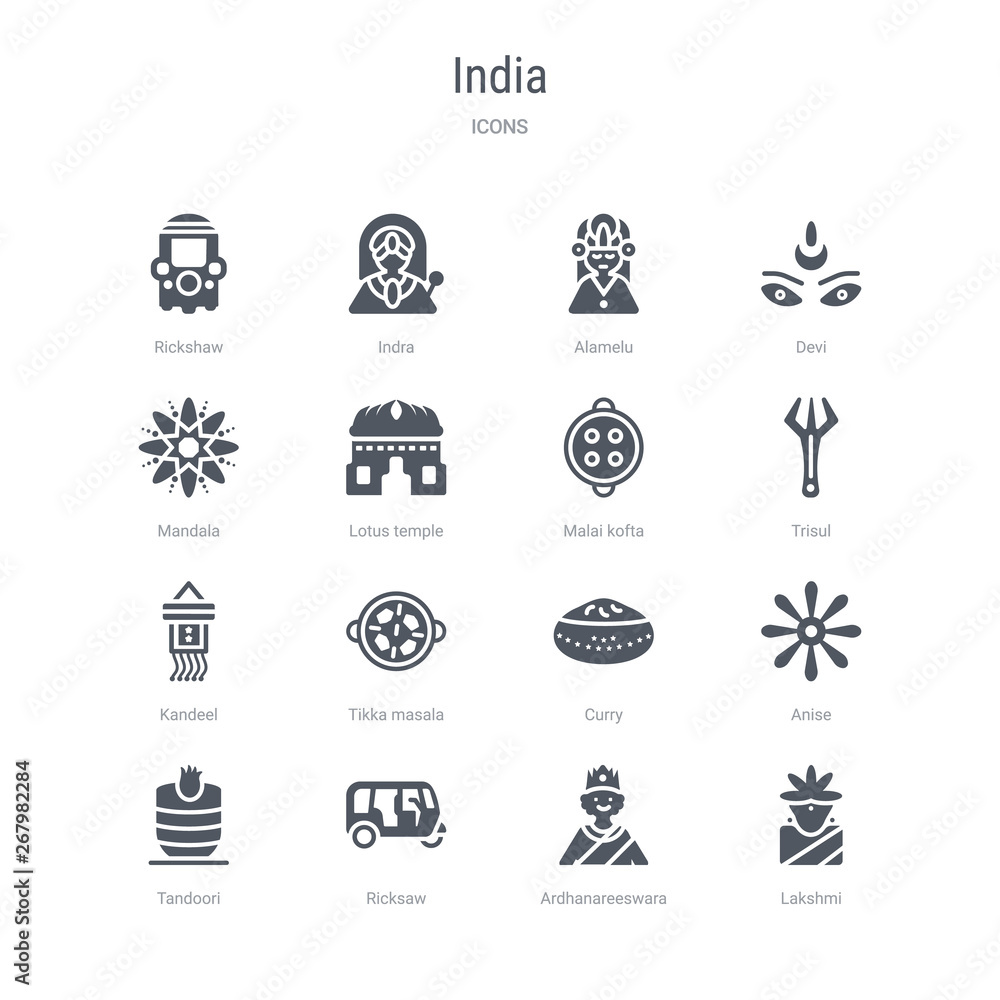 set of 16 vector icons such as lakshmi, ardhanareeswara, ricksaw, tandoori, anise, curry, tikka masala, kandeel from india concept. can be used for web, logo, ui\u002fux