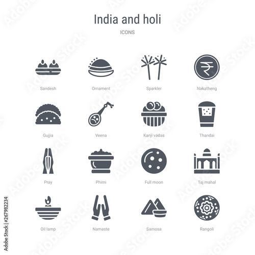 set of 16 vector icons such as rangoli, samosa, namaste, oil lamp, taj mahal, full moon, phirni, pray from india and holi concept. can be used for web, logo, ui\u002fux