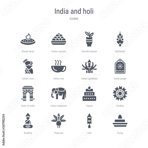 set of 16 vector icons such as dung, holi, peacock, buddha, chakra, yagna, indian elephant, gate of india from india and holi concept. can be used for web, logo, ui\u002fux