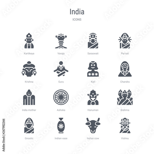 set of 16 vector icons such as vishnu, indian cow, indian vase, gnostic, brahma, hanuman, ashoka, india mother from india concept. can be used for web, logo, ui\u002fux