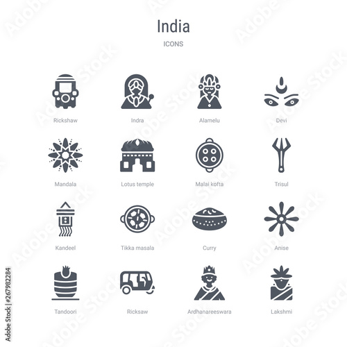 set of 16 vector icons such as lakshmi, ardhanareeswara, ricksaw, tandoori, anise, curry, tikka masala, kandeel from india concept. can be used for web, logo, ui\u002fux