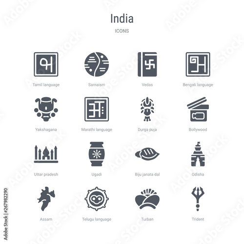 set of 16 vector icons such as trident, turban, telugu language, assam, odisha, biju janata dal, ugadi, uttar pradesh from india concept. can be used for web, logo, ui\u002fux