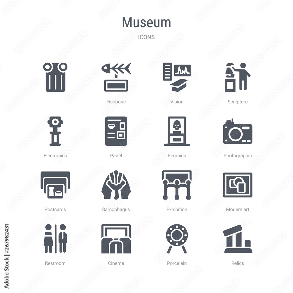 set of 16 vector icons such as relics, porcelain, cinema, restroom, modern art, exhibition, sarcophagus, postcards from museum concept. can be used for web, logo, ui\u002fux