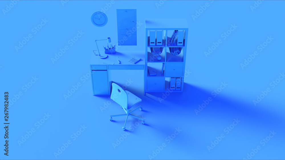 Blue Small Contemporary Home Office Setup with Bookshelf Wall Clock Calculator Desk Lamp an Files 3d illustration 3d rendering Blue Small Contemporary Home Office Setup with Bookshelf Wall Clock Calculator Desk Lamp an Files 3d illustration 3d rendering