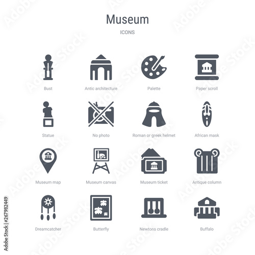 set of 16 vector icons such as buffalo, newtons cradle, butterfly, dreamcatcher, antique column, museum ticket, museum canvas, museum map from concept. can be used for web, logo, ui\u002fux