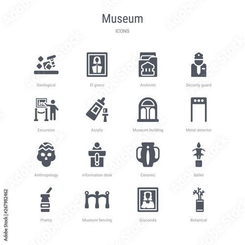set of 16 vector icons such as botanical, gioconda, museum fencing, poetry, ballet, ceramic, information desk, anthropology from museum concept. can be used for web, logo, ui\u002fux